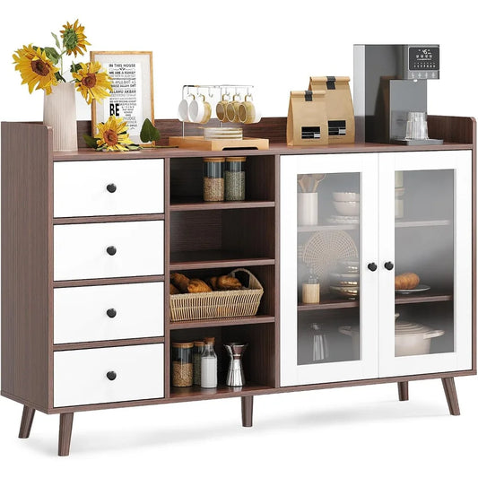 Farmhouse Buffet Cabinet with Glass Doors 4 Drawers Adjustable Shelf
