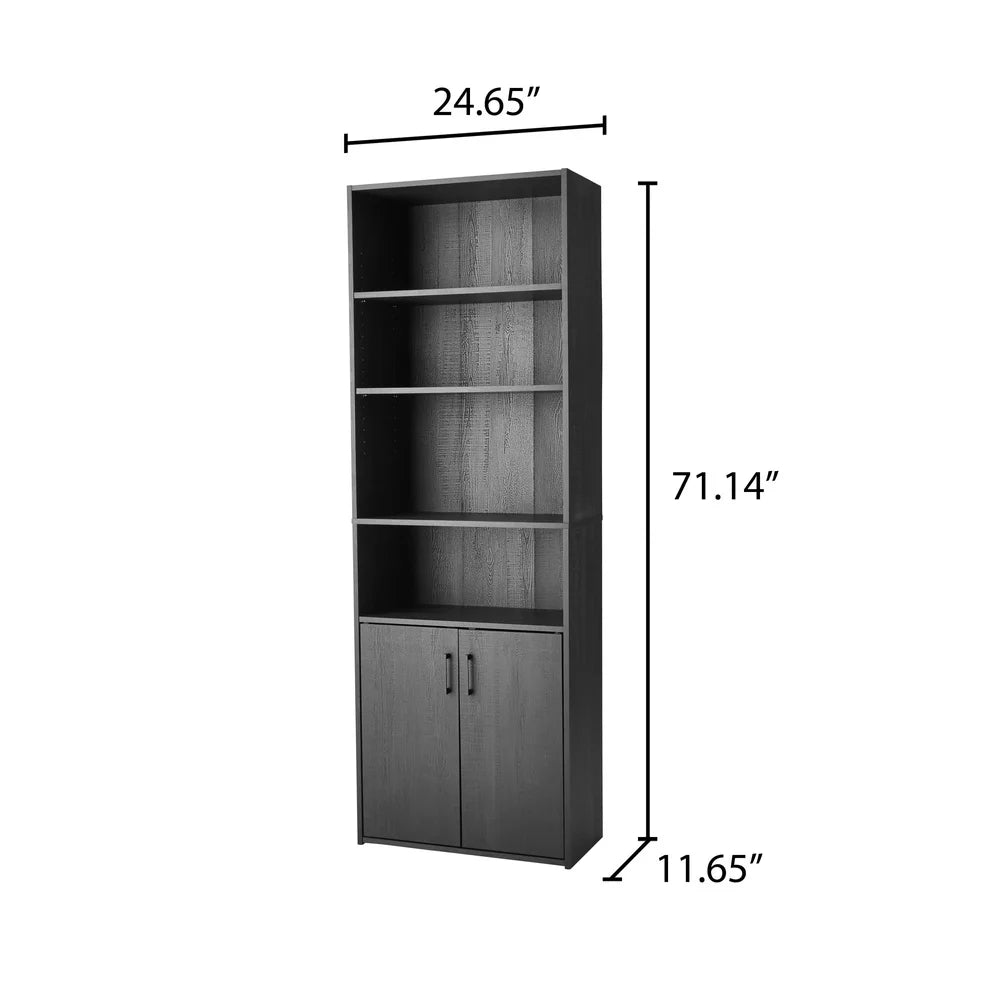 Traditional 5 Shelf Bookcase with Doors Adjustable Shelves Hidden Storage