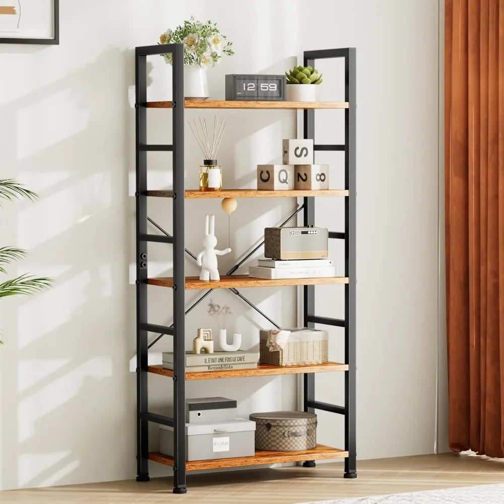 Modern 5 Tier Bookshelf Tall Bookcase Industrial Storage Organizer