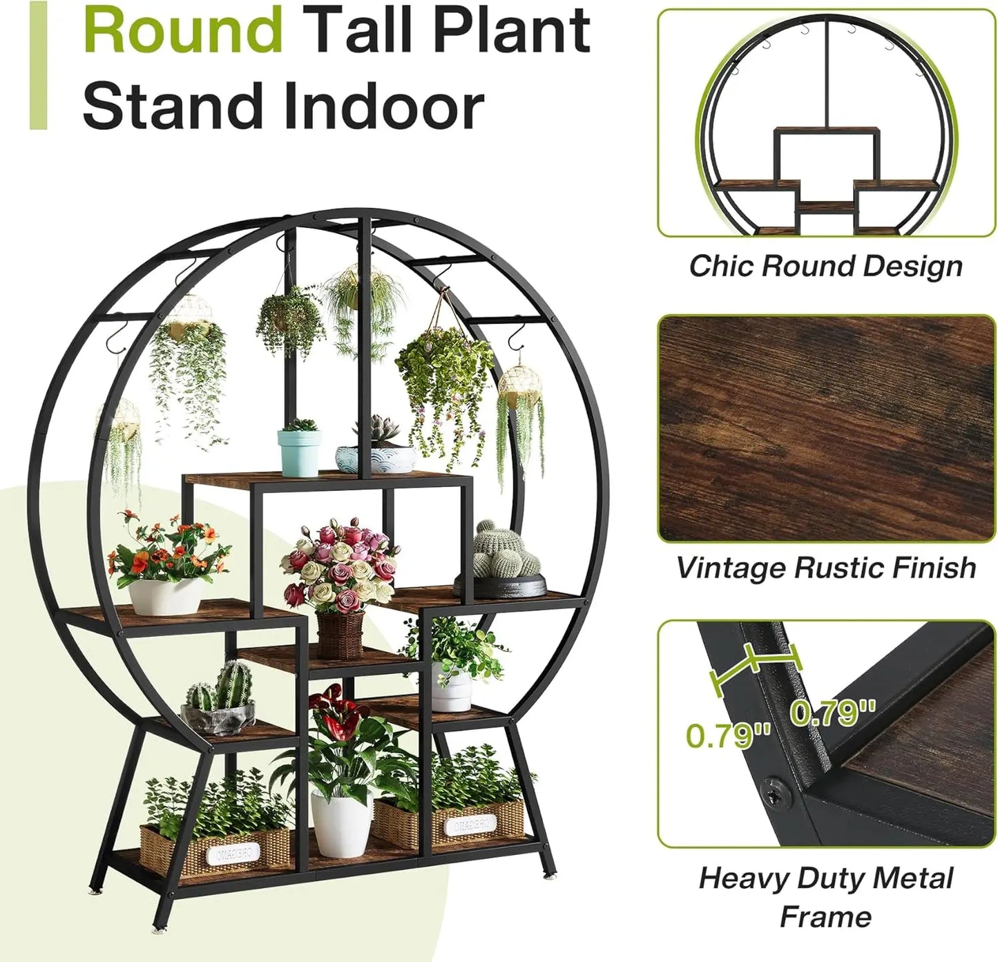 7-Tier Round Indoor Plant Stand Large Tall Shelf with Hooks for Pots