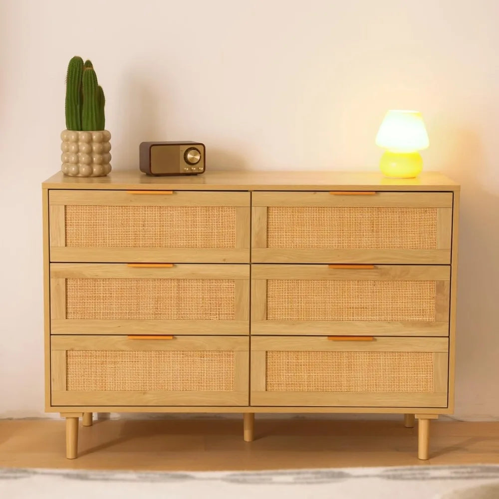 Rattan Dresser Bedroom Storage 6 Drawer Modern Chest with Gold Handles