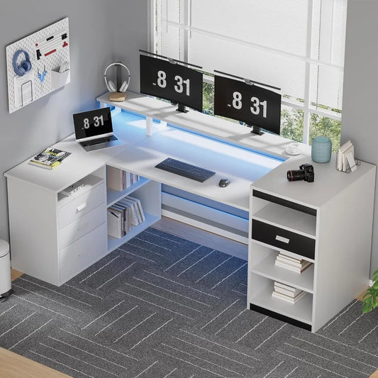 L Shaped White Computer Desk with Drawers Storage Shelves Home Office