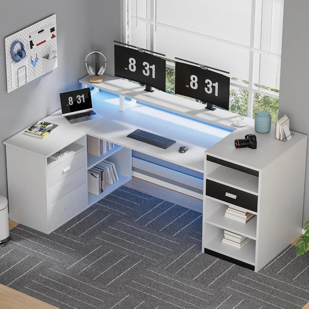 L Shaped White Computer Desk with Drawers Storage Shelves Home Office