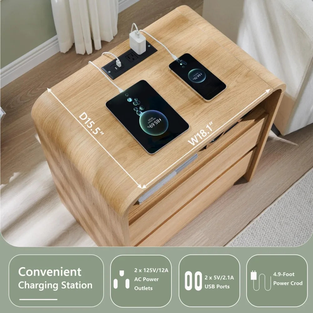 Modern Nightstand with Charging Station 25" Tall 2 Drawers Mid Century