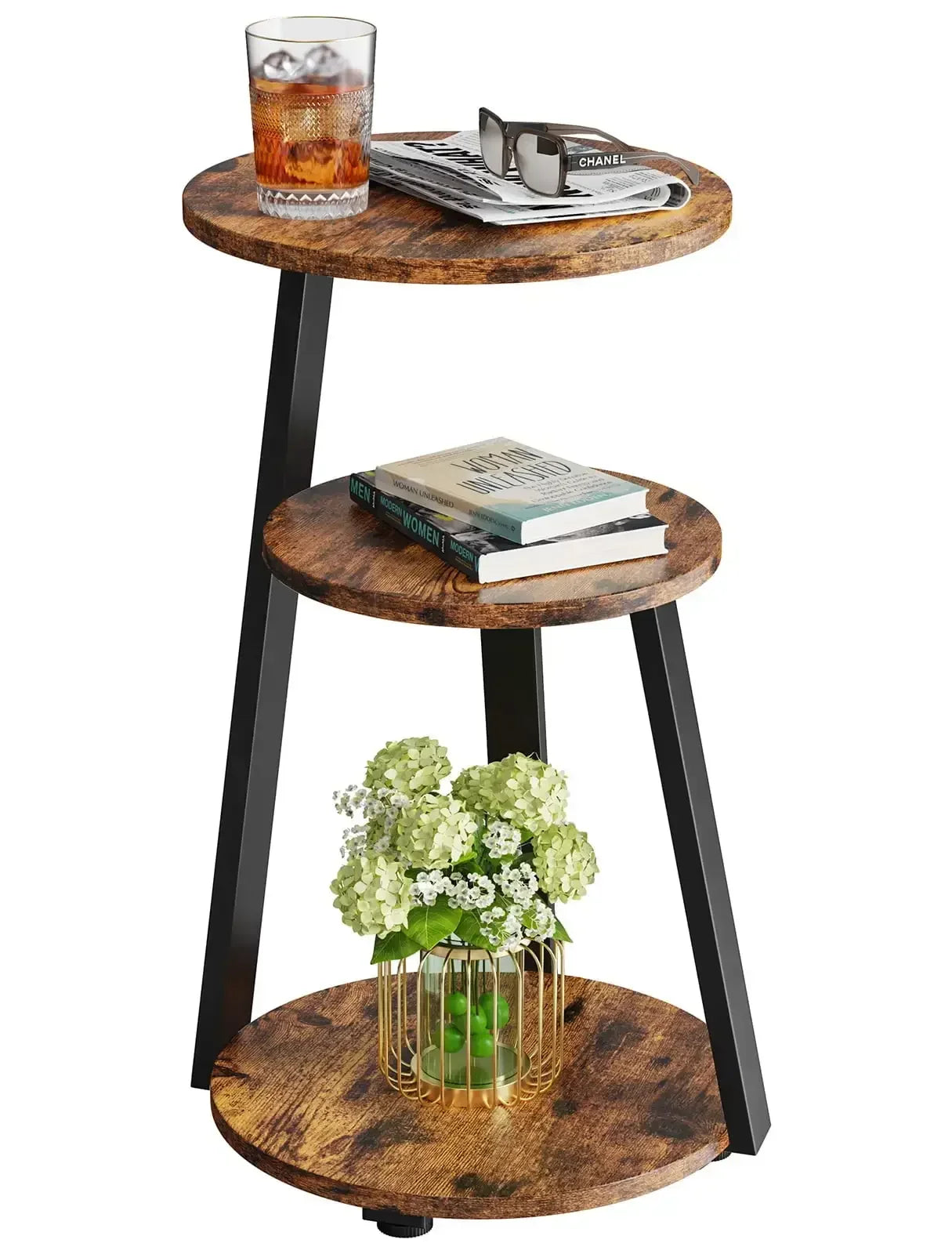 End Side Table Round Metal Frame 3-Tier Storage Coffee Table Nightstand