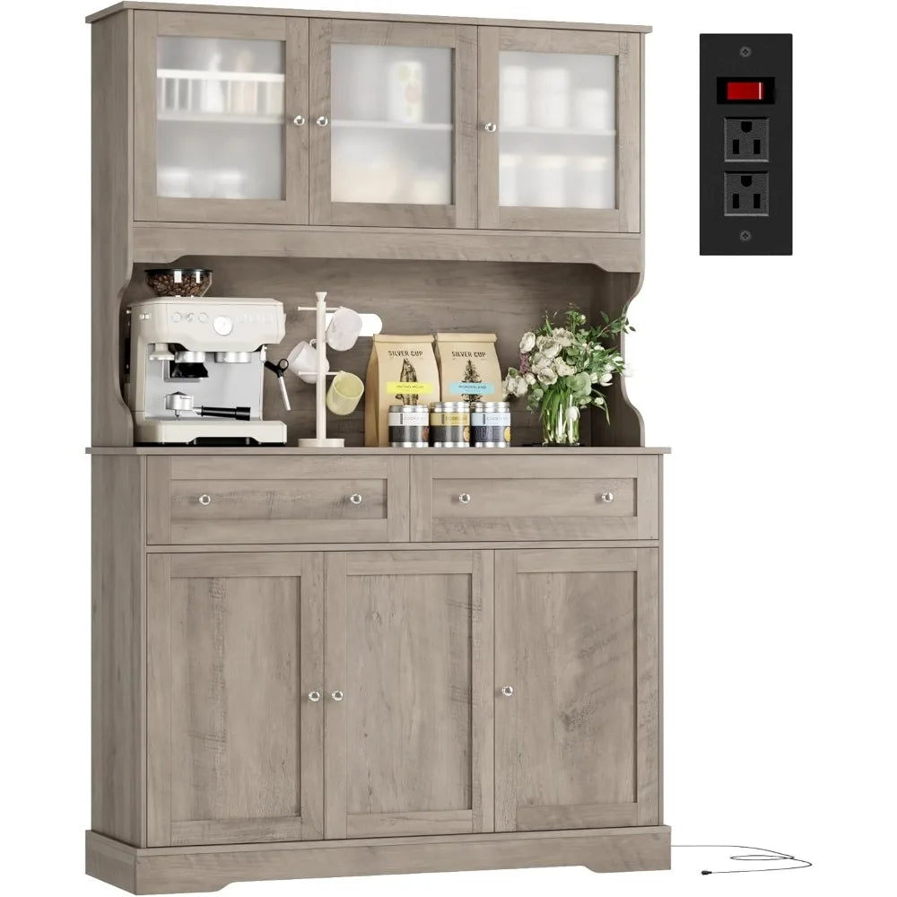 Tall Kitchen Pantry Cabinet with Countertop and Outlets Farmhouse Style