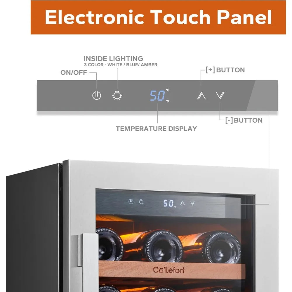 15 Inch Built-in Wine Fridge 33 Bottle Cooler Glass Door LED Lights