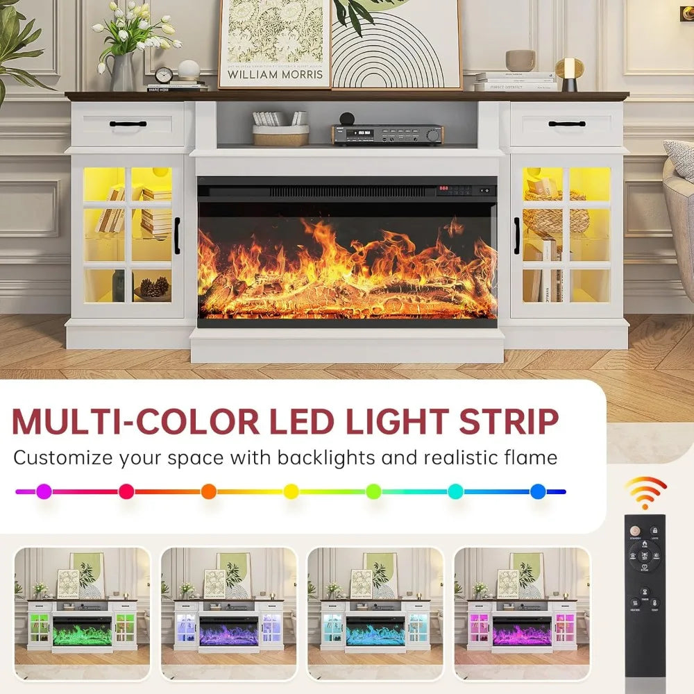 70 Inch Fireplace TV Stand Glass Electric Fireplace Farmhouse Style