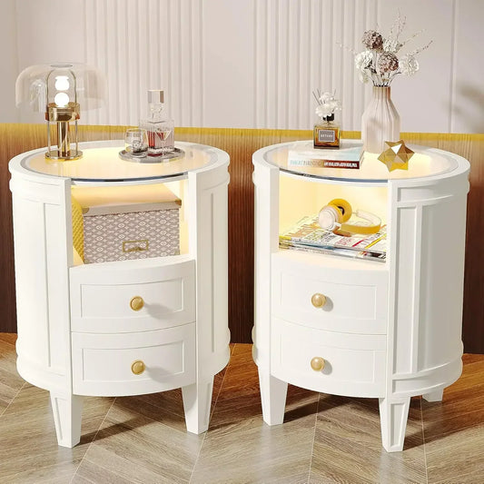 Set of 2 Nightstands with LED Glass Top Modern Bedside Table Storage