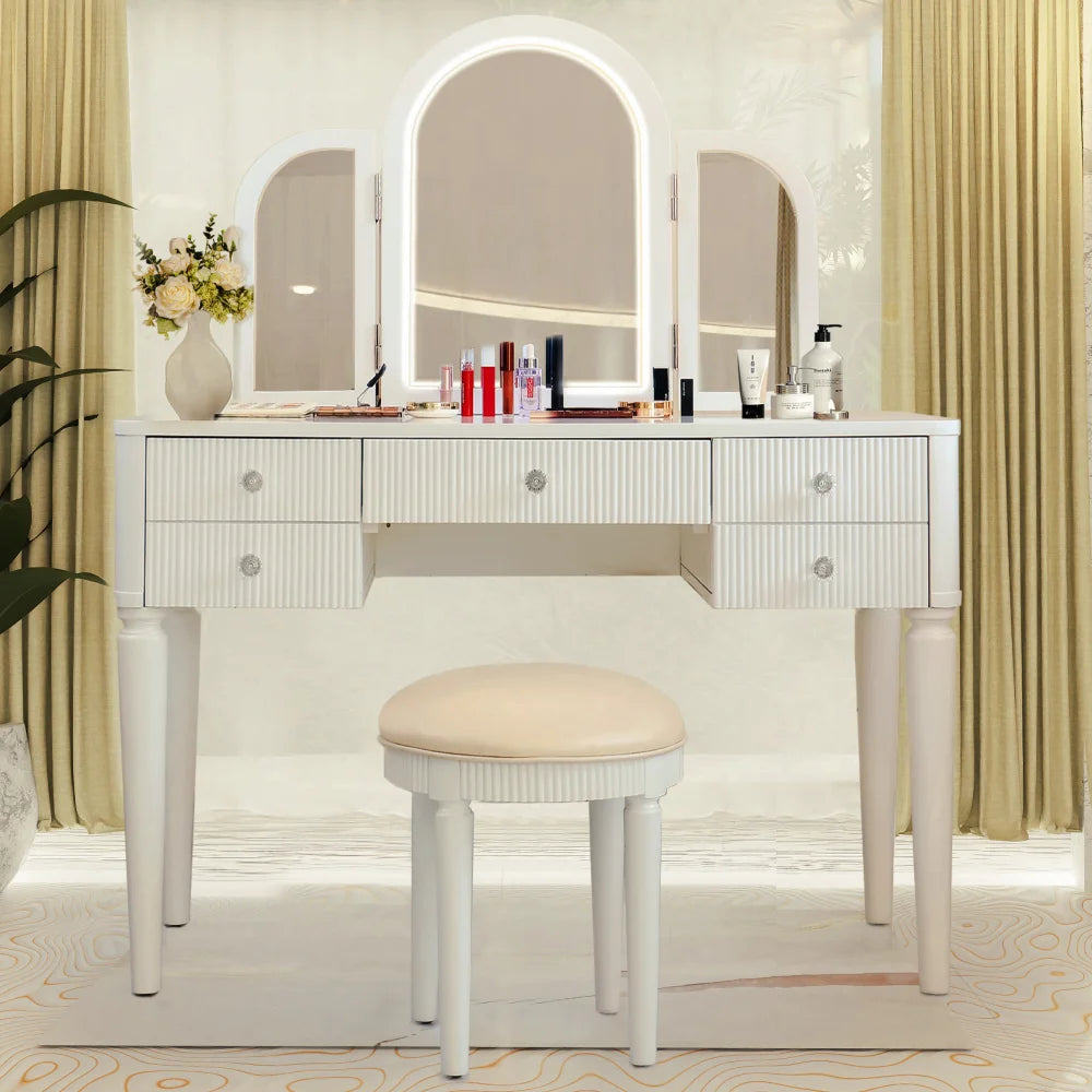 Luxury Mirrored Vanity Desk Set with Stool and Drawer Storage for Bedroom