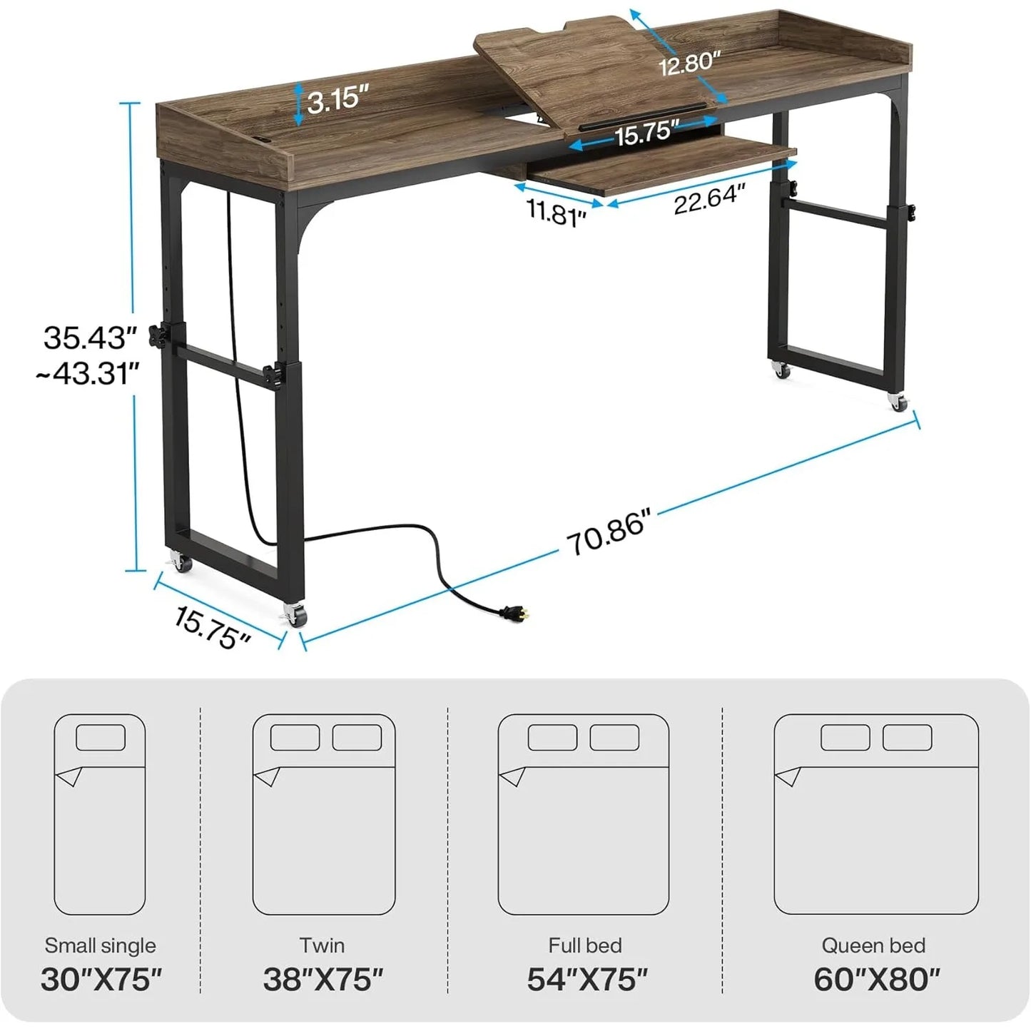 Height Adjustable Overbed Table with Wheels Mobile Laptop Desk Cart