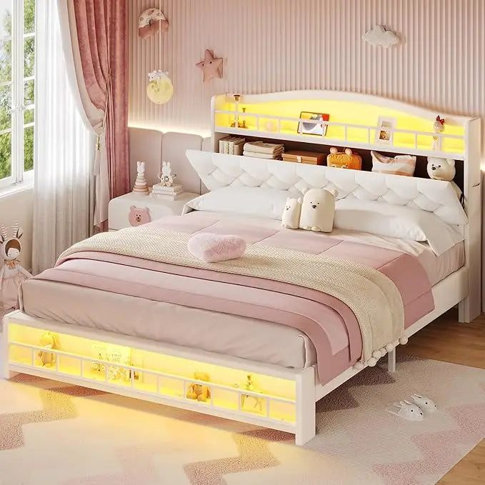 Queen Size Girls Bed with LED Lights and Charging Station Storage