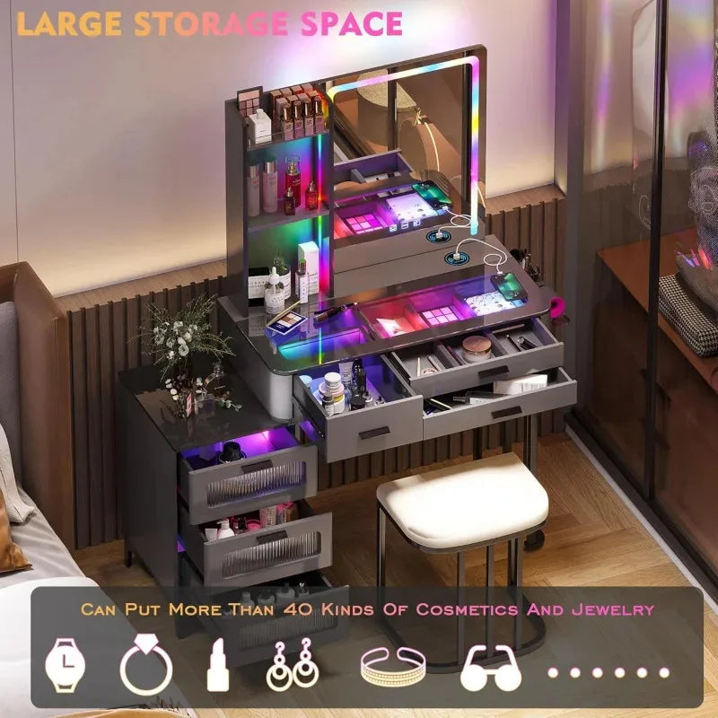 RGB Vanity Makeup Desk with 6 Drawers Smart Lighting and Charging Station