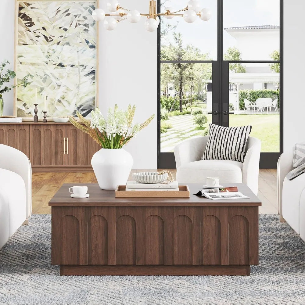 Lift Top Coffee Table Modern Storage Walnut Arched Design 31.5 Inch