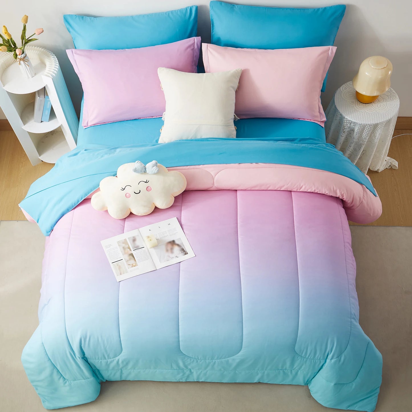 7 Piece Gradient Comforter Set Bedding Queen King Twin Full Soft Microfiber