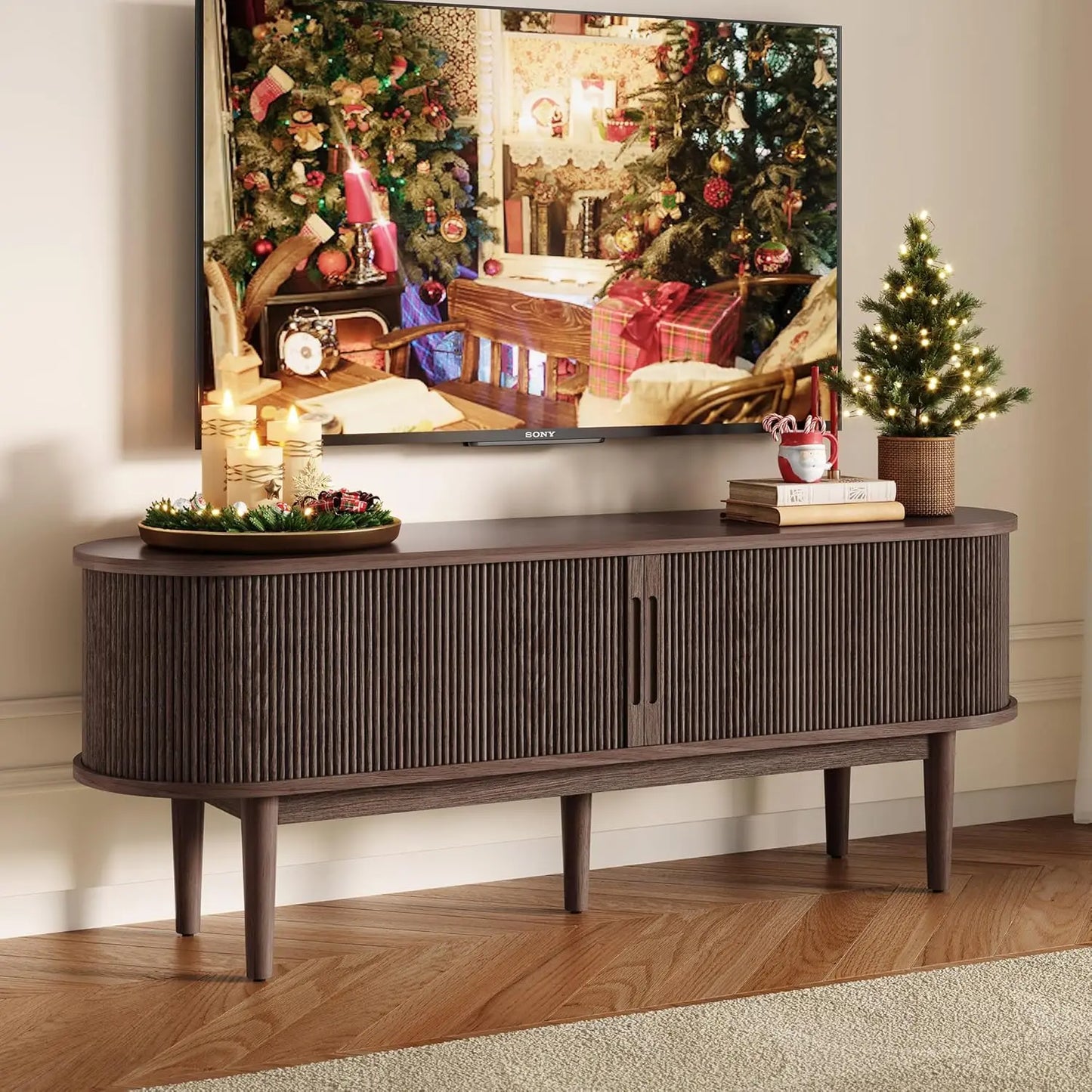 Fluted TV Stand for 75" TV Mid-Century Modern Entertainment Center