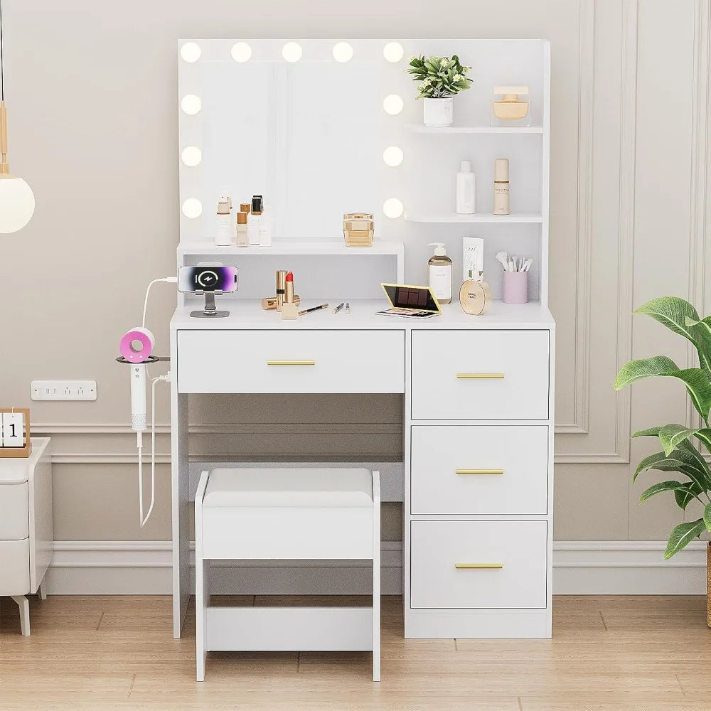 Makeup Vanity with Lights and Mirror White Vanity Desk with Storage