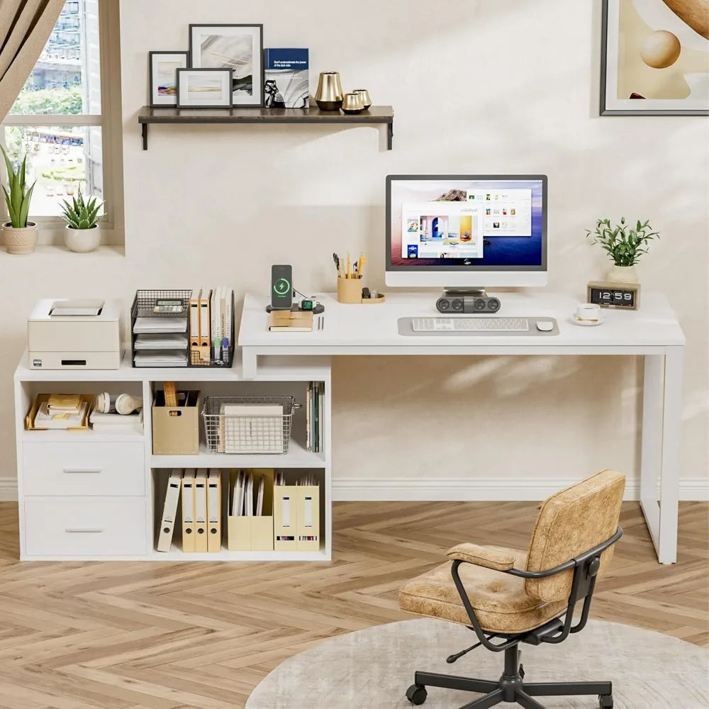 L Shaped Desk with Drawers Shelves 55 Inch Corner Computer Desk