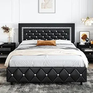 Ljustra Full Platform Bed Frame Upholstered Diamond Headboard
