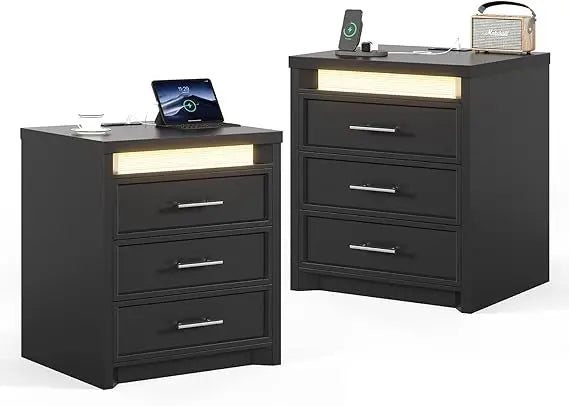 Night Stand with Charging Station LED Lightbox 3 Drawer Bedside Table