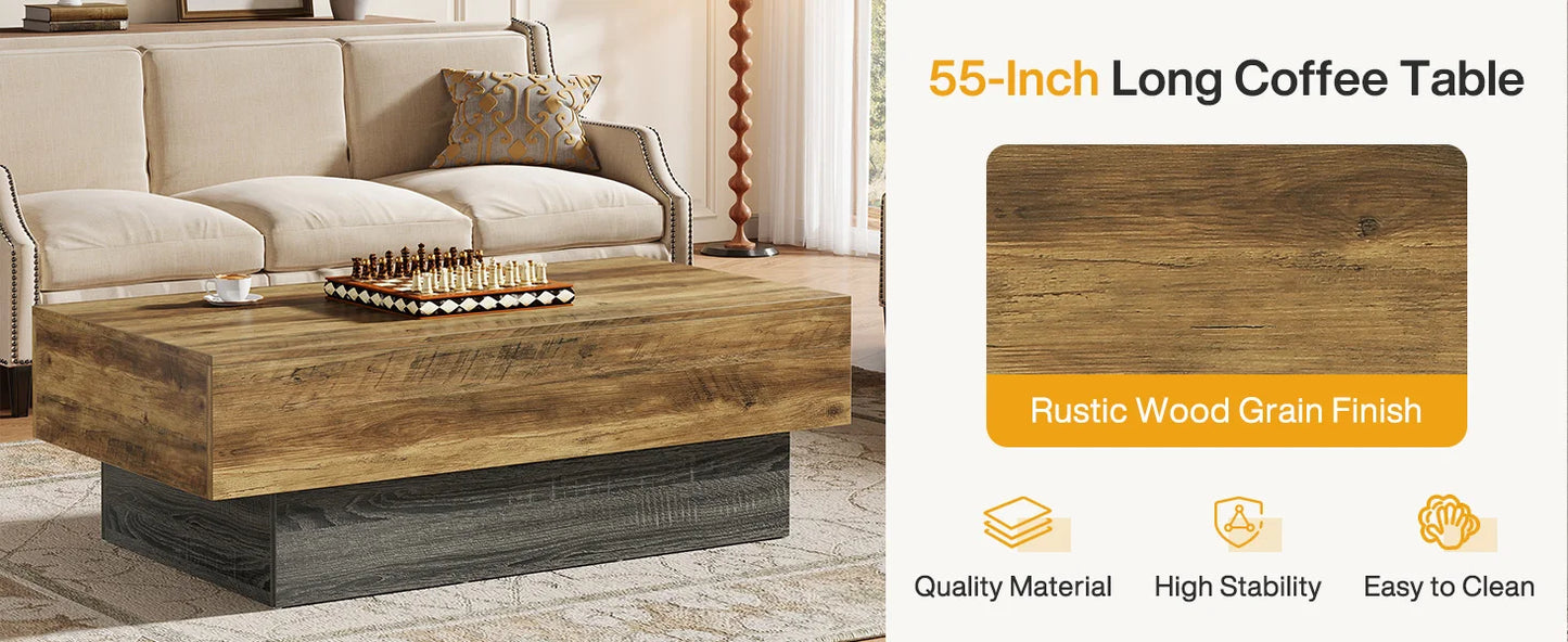 Farmhouse Wood Coffee Table 55 Inch Rectangle Vintage Center Table Living Room