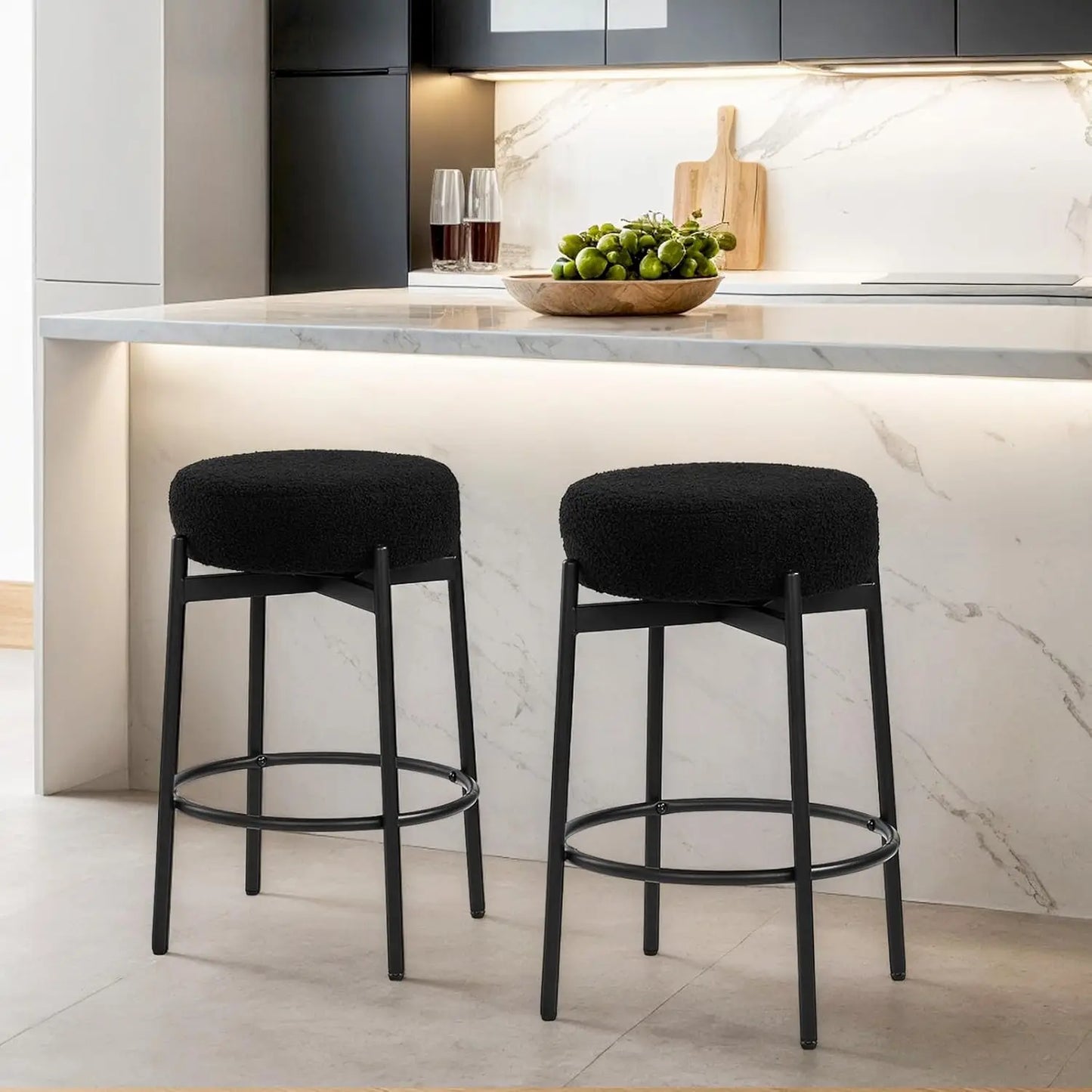 Swivel Round Barstools 24" Teddy Wool Upholstered Set of 2