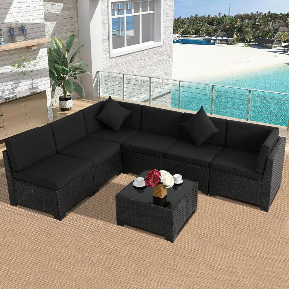 7 Piece Outdoor Patio Furniture Set All Weather Rattan Sectional Sofa