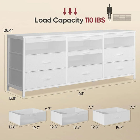 63 Inch Dresser Storage Organizer 9 Drawers Wide TV Stand Furniture