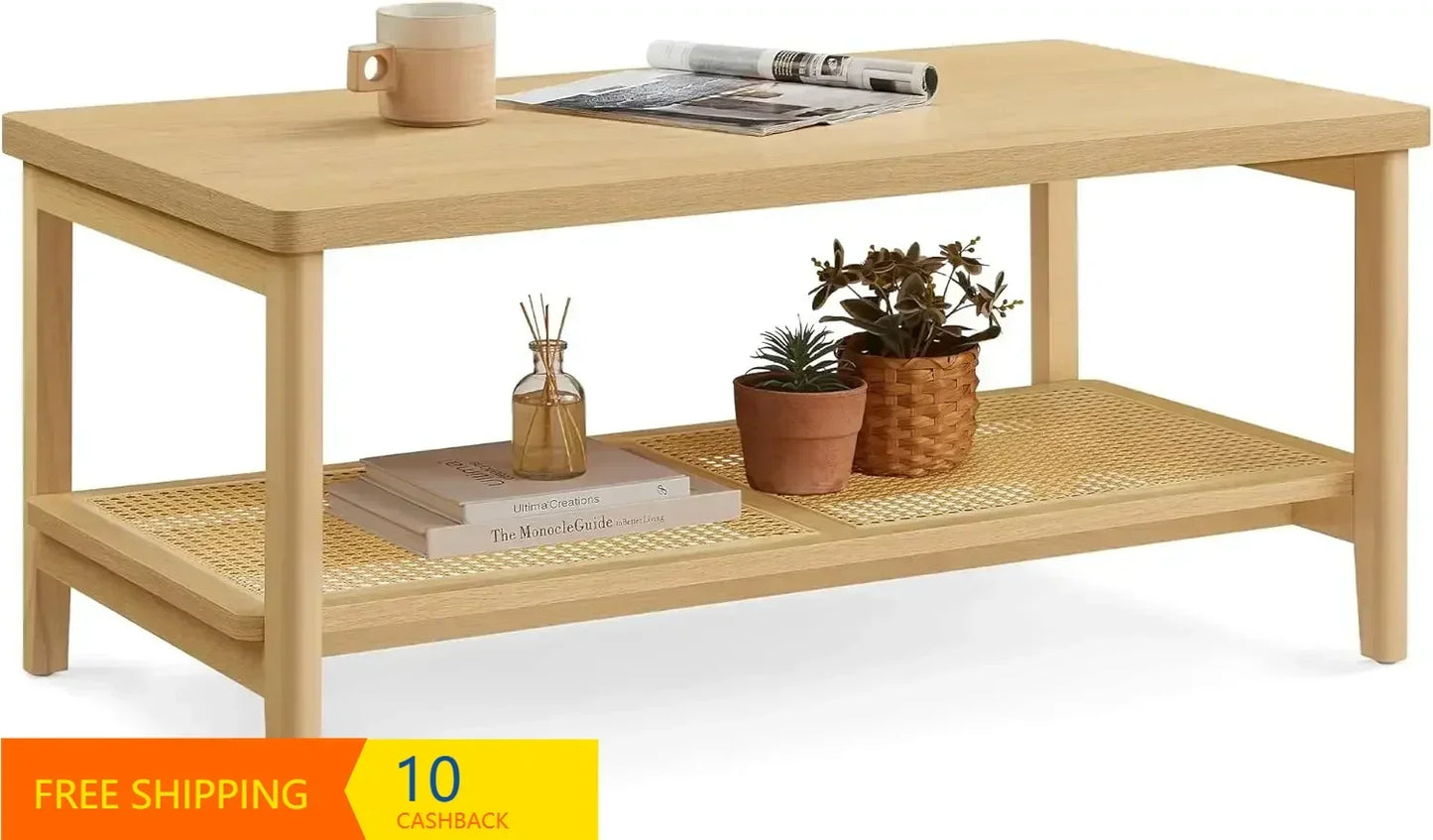 Ljustra 2-Tier Coffee Table with PVC Rattan Shelf for Living Room