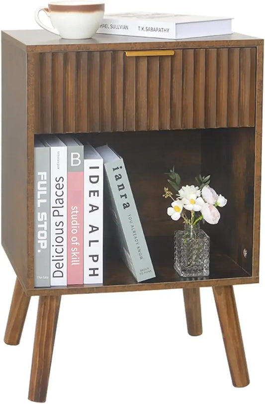 Modern Nightstand Wooden Bedside Table Storage Fluted End Table