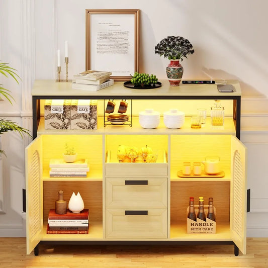 40 Inch Rattan Sideboard Buffet Kitchen Storage Cabinet with Charging Station