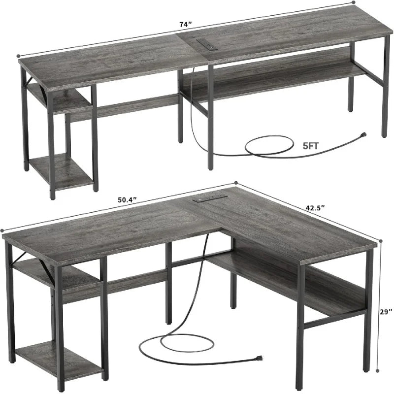 Reversible L Shaped Gaming Desk with USB Ports and Storage Shelf