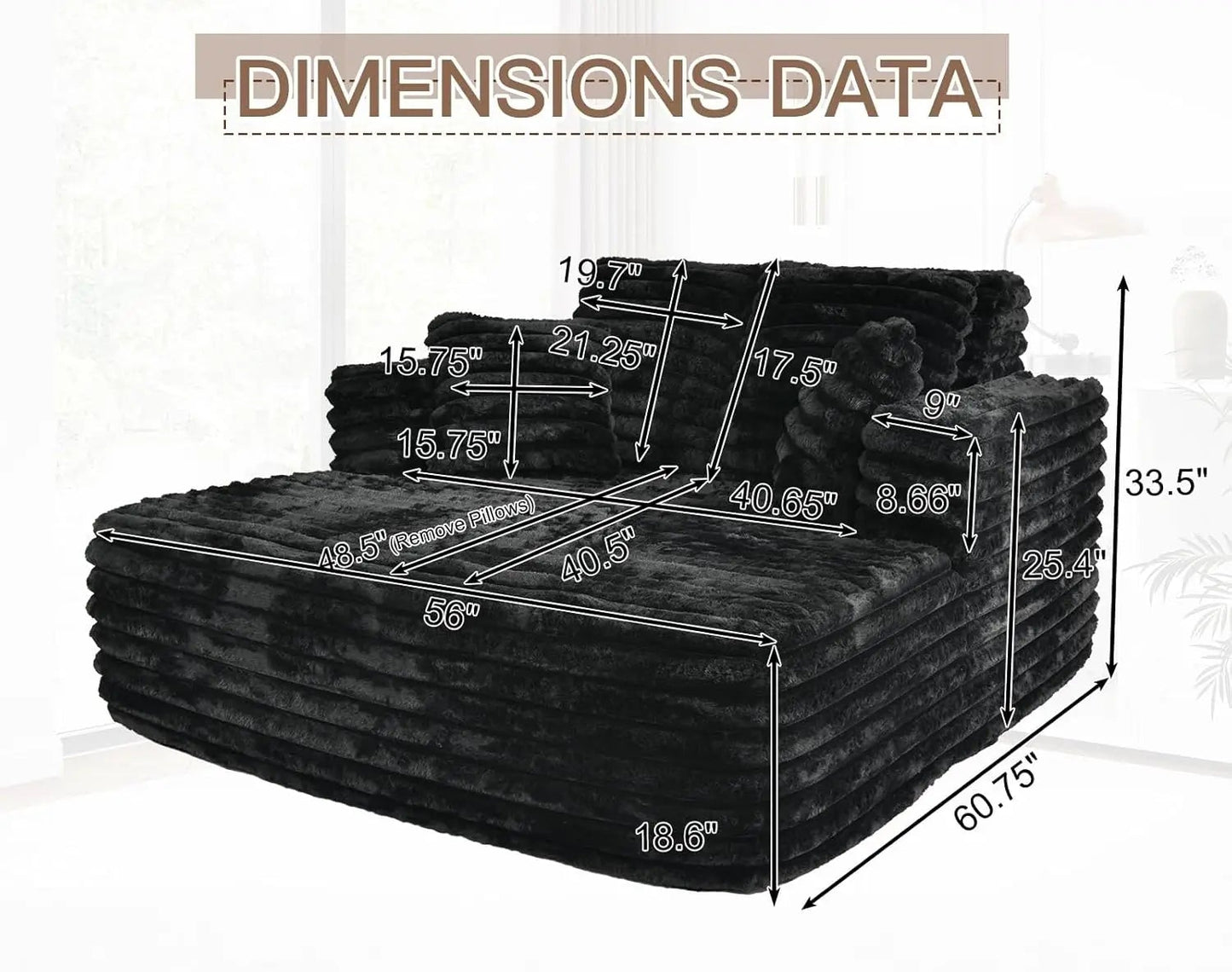 Ljustra Faux Fur Sleeper Chaise Sofa Oversized 60" Deep Cloud Couch Bed Black