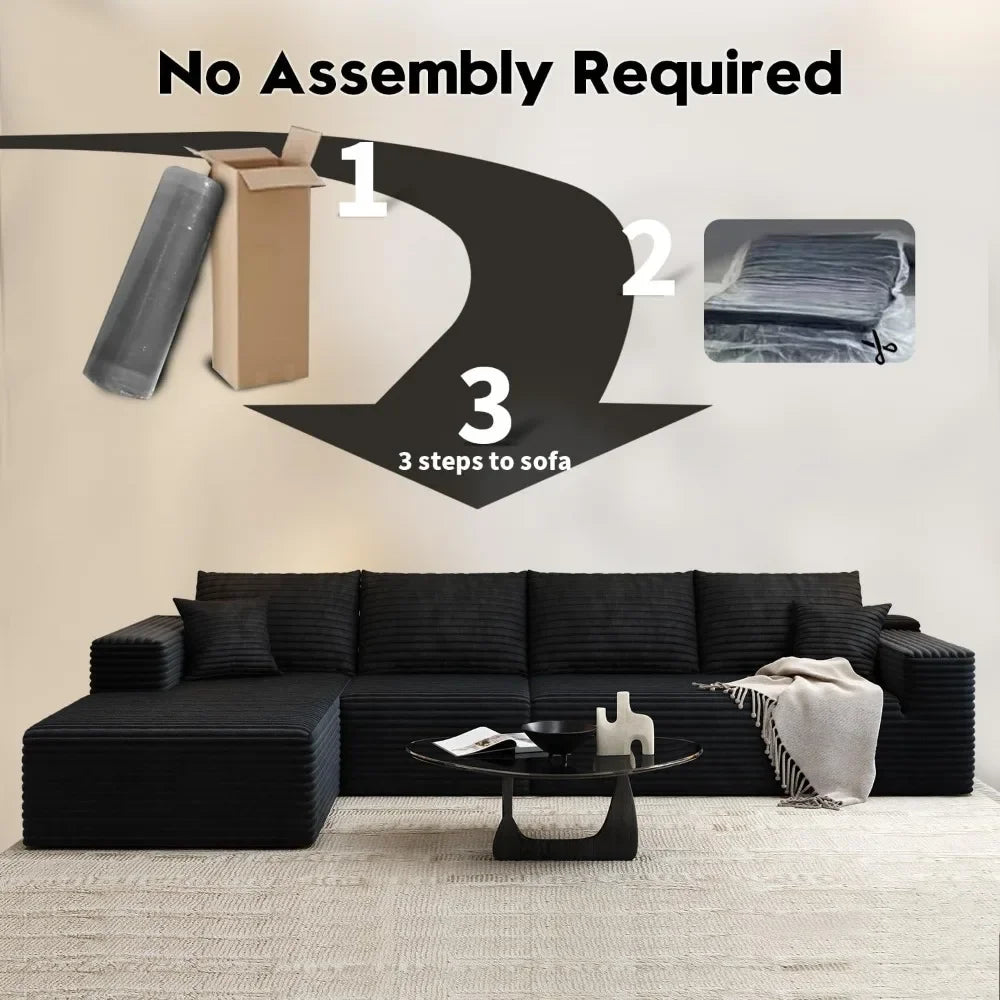 135” L-Shaped Modular Cloud Sectional Sofa Black Corduroy Couch w/ Chaise