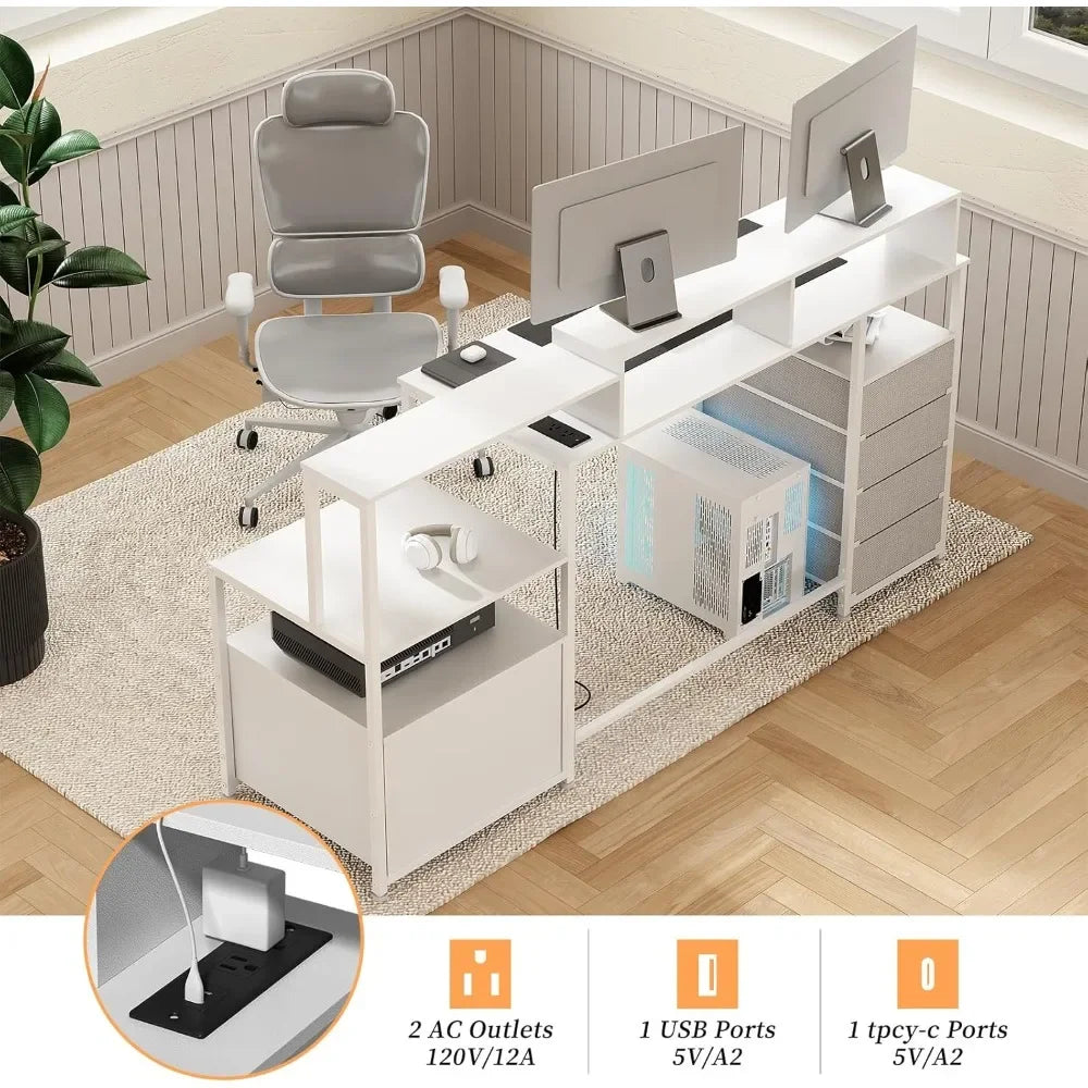 67 Inch Modern Computer Desk with Drawers Power Outlet LED Lights Gaming