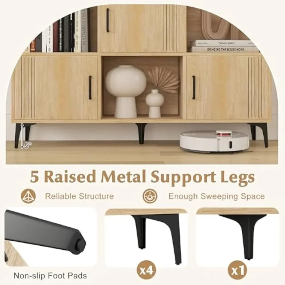 "Storage Cabinet, Sideboard with 3 Doors & 3 Open Compartments – Bookcase with 5 Metal Legs, Multi-Functional Buffet Table Desi