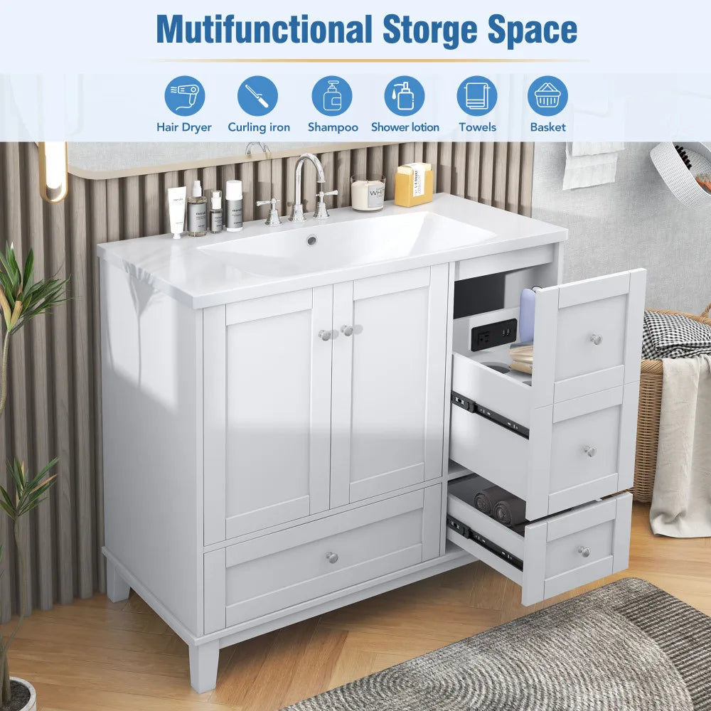 36 Inch Modern Bathroom Vanity with USB Charging and Ample Storage