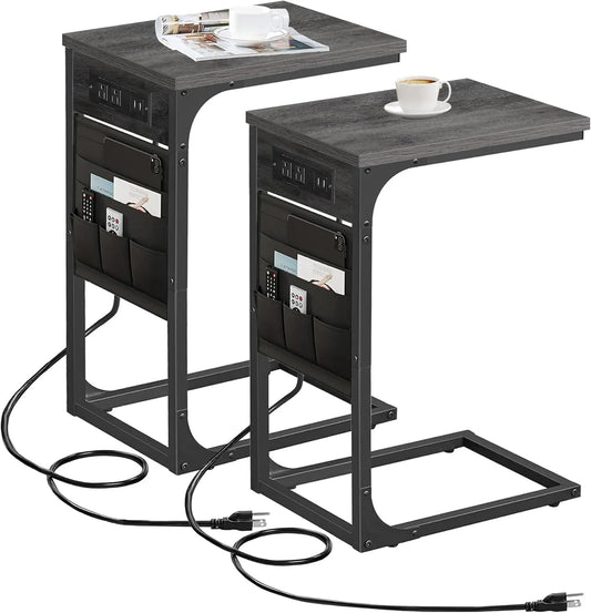 C Shaped End Table with USB Ports and Storage Bag Set of 2