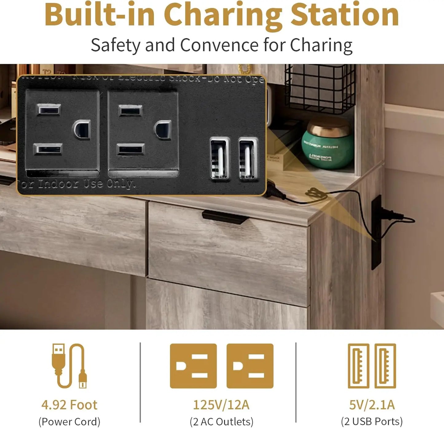 Large Vanity Table Set with LED Mirror Charging Station Pegboards Hooks