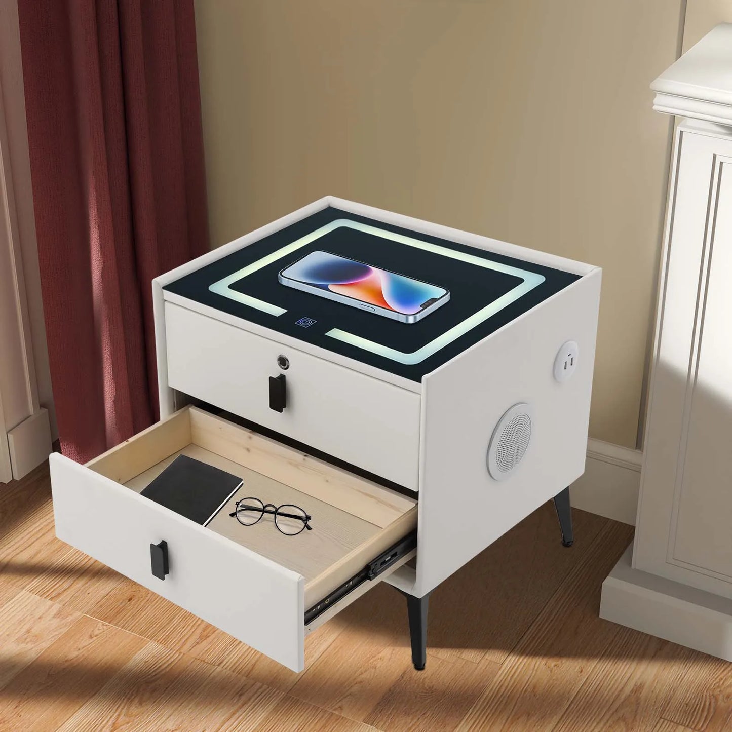 Smart Bedside Table with Bluetooth Speaker and USB Charging Drawers