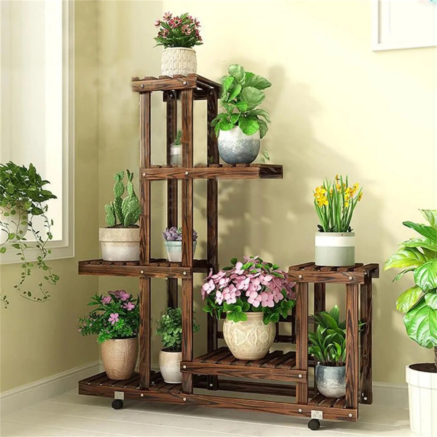 6 Tier Wood Plant Stand Vertical Indoor Outdoor Holder for Patio