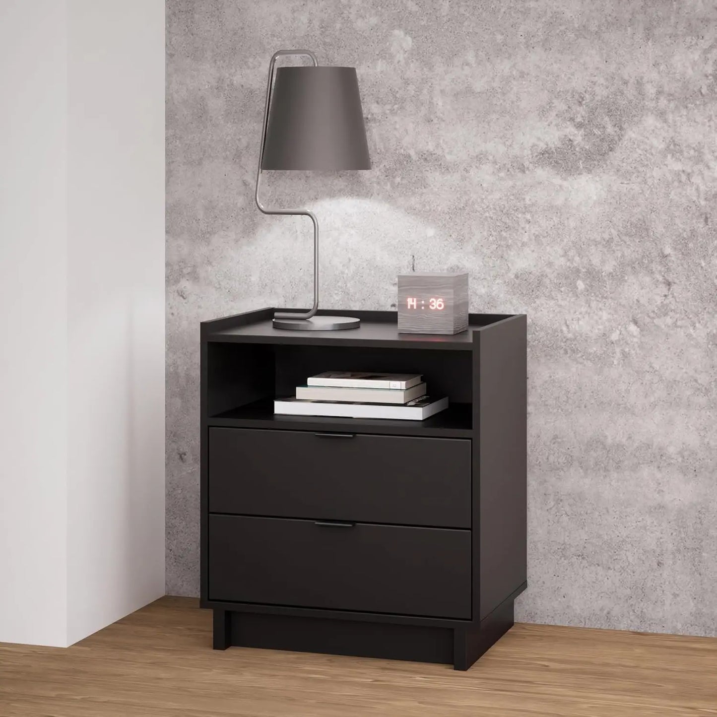 Simply Modern Nightstand Bedside Table with 2 Drawers and Open Shelf