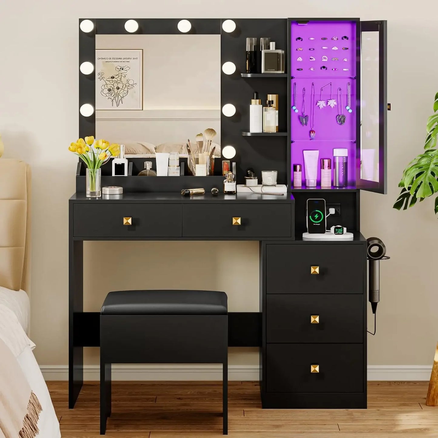 Ljustra Vanity Desk with Mirror and Lights Makeup Table Set with 5 Drawers