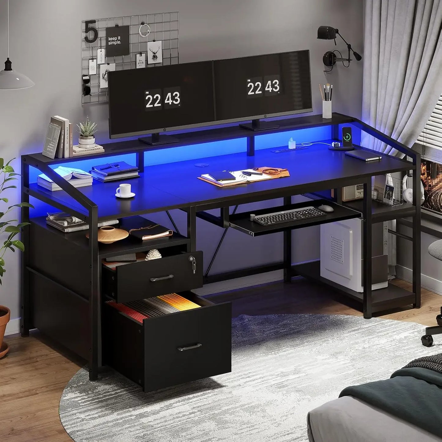 63 Inch Computer Desk Office Desk with Lockable Drawers LED Lights Power Outlet