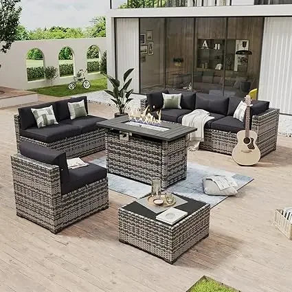 8-Piece Wicker Rattan Patio Furniture Set with Fire Pit Table and Cushions
