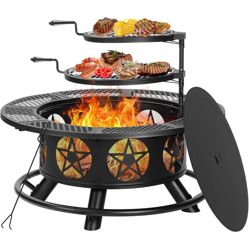 42 Inch Fire Pit with Grills Lid Poker Heavy Duty Outdoor BBQ