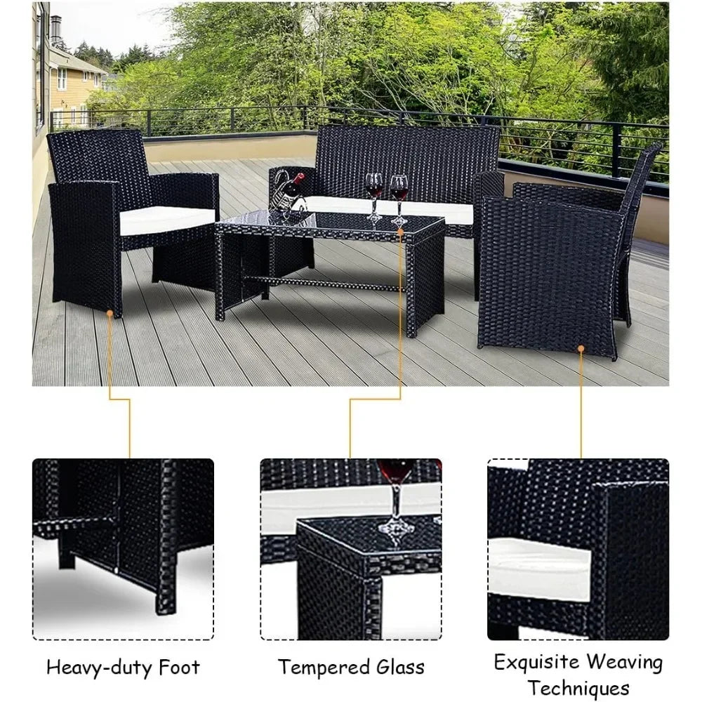 4-Piece Rattan Patio Furniture Set Outdoor Wicker Sofa Coffee Table