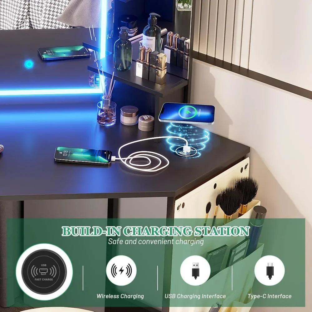 Corner Vanity Desk with Mirror LED Lights Makeup Charging Station