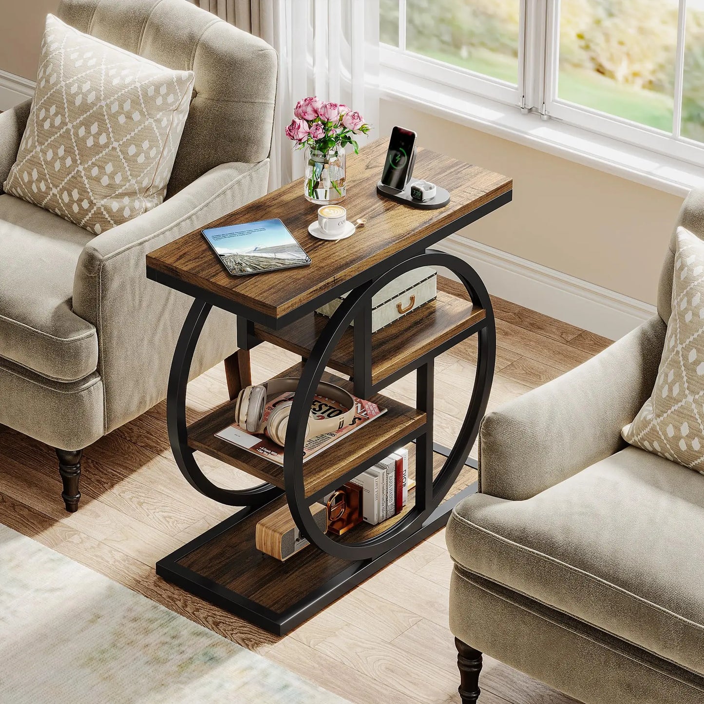Ljustra Industrial 4-Tier End Table with Storage Shelves for Living Room