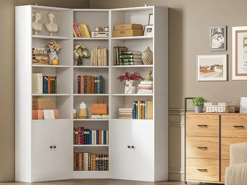 Ljustra Corner Bookshelf with 7 Adjustable Shelves and Storage Cabinets